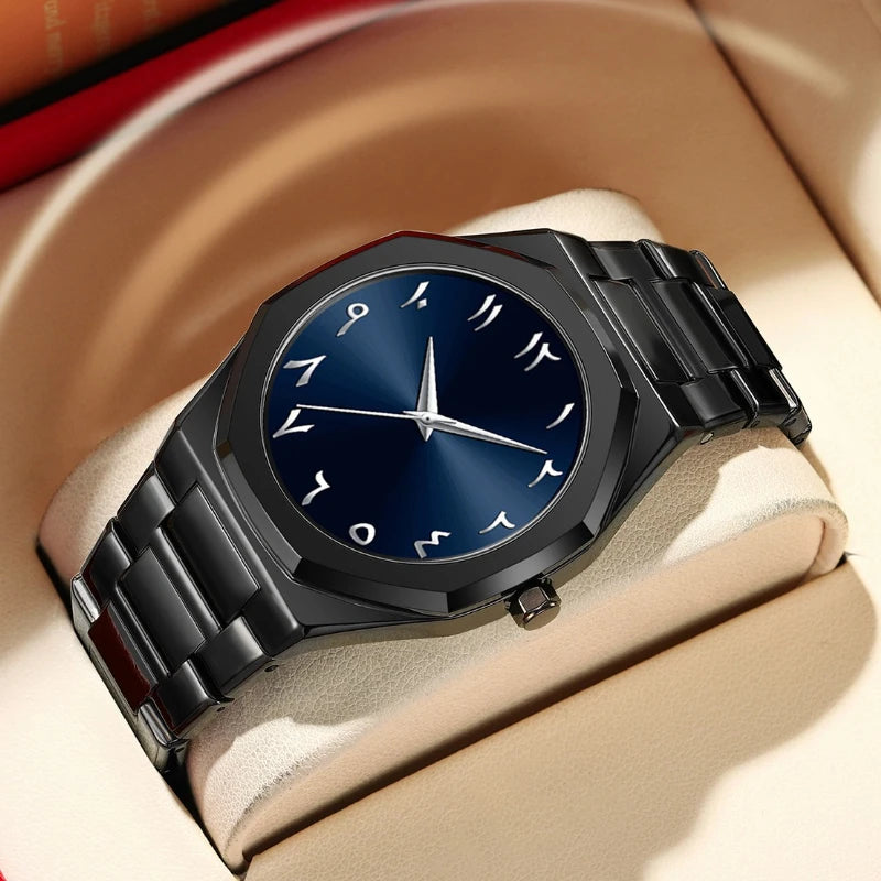 Fashion Business Men Watch Top Brand Luxury Steel Belt Black Simple Arabic Digital Dial Quartz Wristwatches Relogios Masculino