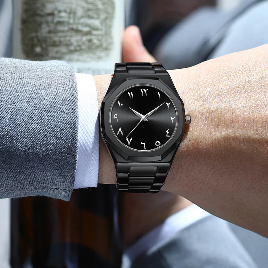 Fashion Business Men Watch Top Brand Luxury Steel Belt Black Simple Arabic Digital Dial Quartz Wristwatches Relogios Masculino